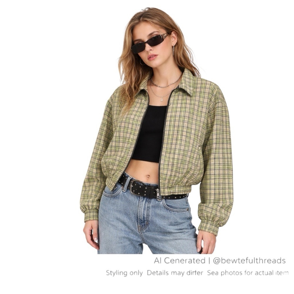 Y2K Street Style Green Plaid Cropped Bomber Jacket BDG M